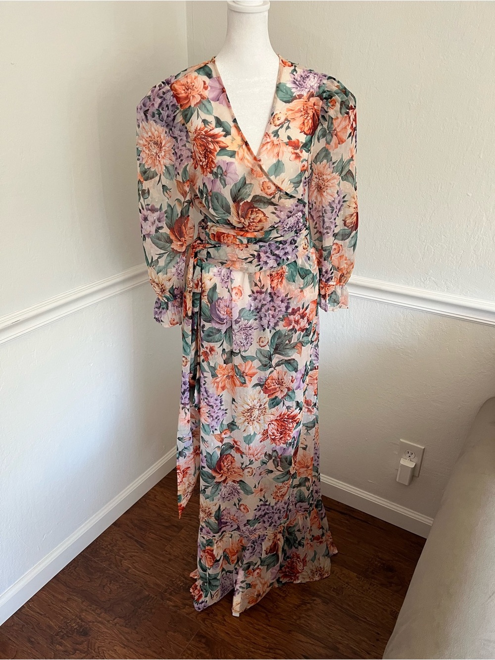Express NWOT Sheer Floral Wrap Maxi Dress with tie sash